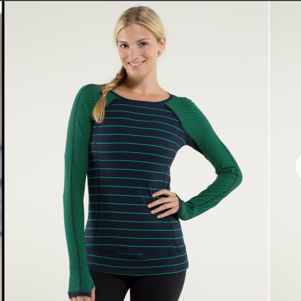 Lululemon Run Top Full Tilt LS Slalom Inkwell Navy Blue Green Bean Stripe 8 10